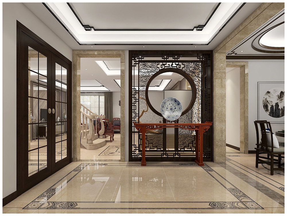 新中式风格别墅装修设计效果图-美的海岸花园别墅366平米-别墅入户玄关装修设计 新中式风格别墅装修设计效果图-美的海岸花园别墅366平米-别墅入户玄关装修设计